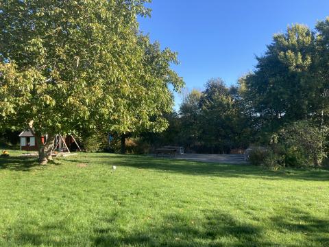 Stor træterrasse i haven med det mægtige valnøddetræ.