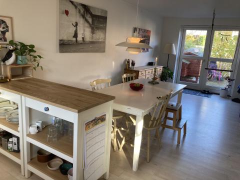 Køkken alrum i stuen set mod havedøren.